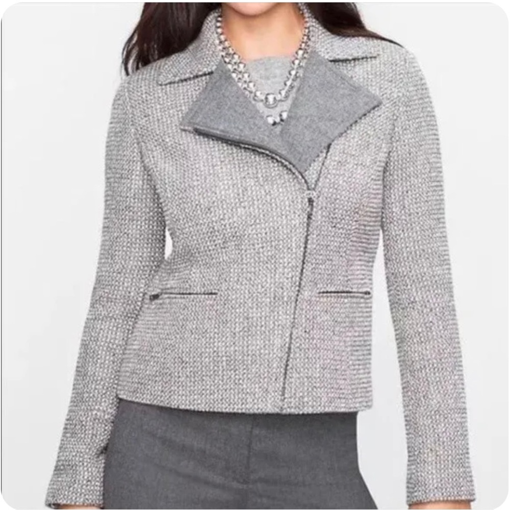 NWT, Talbots Gray tweed Moto Jacket Blazer Career Silver Metallic, Sz 14
